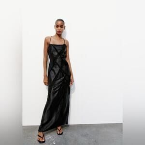 Zara Satin Midi Slip Dress Size M Black Rushed Fairy Goth Witchy Whimsygoth